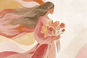 Watercolor illustration of woman holding flowers, soft flowing lines, warm pastel palette, symbolic feminine strength for International Women's Day posters