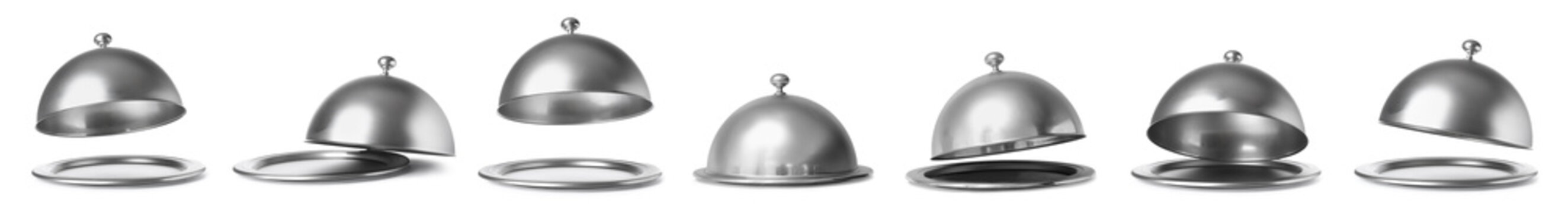 Collage of silver tray with cloche on white background