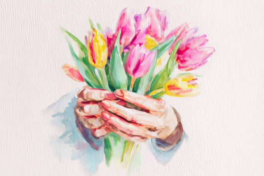 Watercolor illustration of hands holding bouquet of tulips, soft brush strokes, pastel hues, gentle shadows, symbolic International Women's Day gesture of appreciation