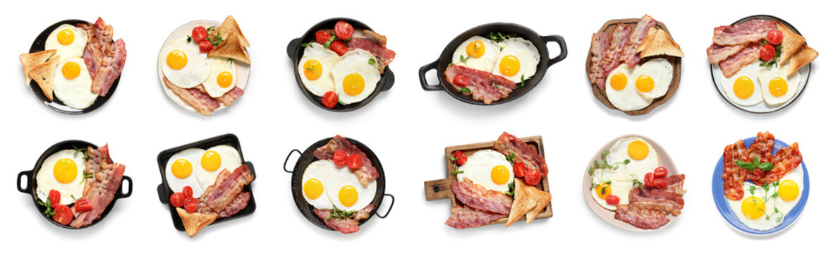 Collage of tasty fried eggs with bacon on white background, top view