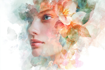Watercolor portrait of woman's face merged with flowers, soft blending, delicate color transitions, feminine International Women's Day artistic concept