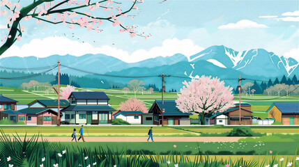 春の田舎風景と桜の木