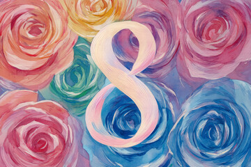 Watercolor roses forming a dynamic swirling pattern around number 8, vivid yet gentle tones, expressive artistic flow celebrating International Women's Day with elegance