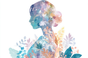 Watercolor profile silhouette of a woman filled with botanical shapes, pastel washes, soft transitions, symbolic of harmony and feminine unity for International Women's Day