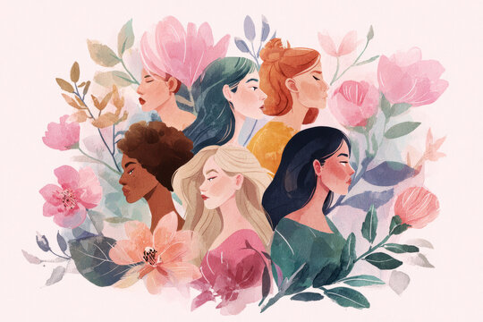 Watercolor portrait of diverse women surrounded by blooming flowers, soft brush strokes, pastel palette, celebrating empowerment and beauty for International Women's Day artistic poster