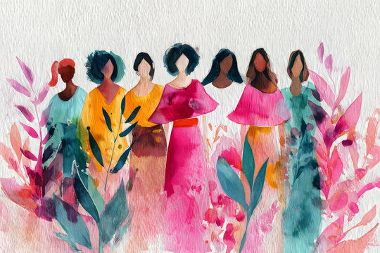 Watercolor portrait of diverse women standing together with flowing brush strokes, floral elements, pink and teal palette, expressive textures symbolizing unity and empowerment for Women's Day