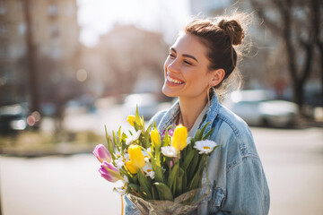 Young woman holding bouquet of tulips and daisies outdoors, springtime sunlight, natural joyful expression, celebrating International Women's Day in casual lifestyle stock photography