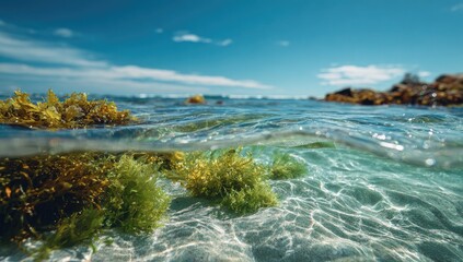 Split-level beach shot showcasing above and below water views of seaweed, sand, and sky