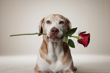 Funny dog offering rose for Valentine&rsquo;s Day concept