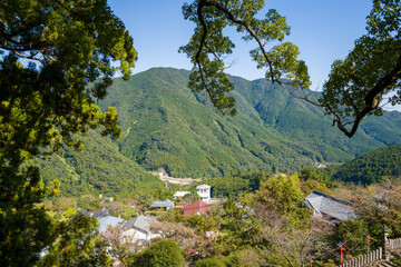 Lush tree branches create a natural frame around a small village nestled at the foot of densely forested mountains in Nachisan, Japan. Bright daylight highlights the vibrant greenery and serene rural