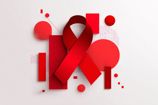World AIDS Day poster-style composition with bold red ribbon and geometric shapes, modern clean design for global awareness campaigns