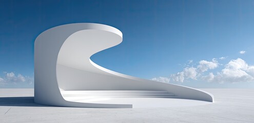 Modern architectural structure against a vibrant sky with wispy clouds. Clean lines and minimalist design