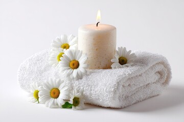 Close-up of candle, daisy arrangement, and rolled towel on a plain white background