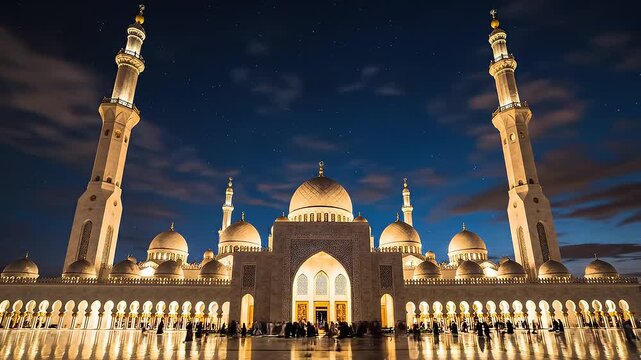 A majestic mosque's grand entrance illuminated at dusk with minarets and domes standing tall
