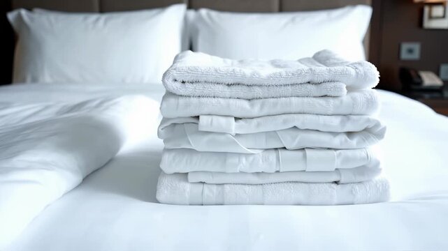 Stack of fresh white towels and bathrobes on a hotel bed. Clean laundry prepared for guests in a luxury bedroom. Hospitality and housekeeping concept