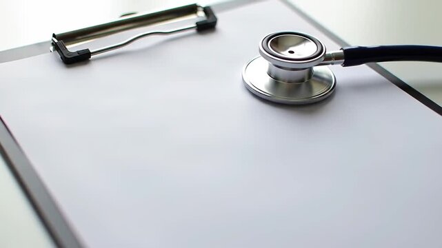 Stethoscope resting on a clipboard with blank white paper, ready for medical notes.