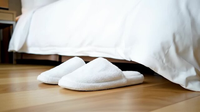 Pair of white hotel slippers on a wooden floor next to a bed. Clean bedroom accommodation with soft footwear. Hospitality and comfort concept