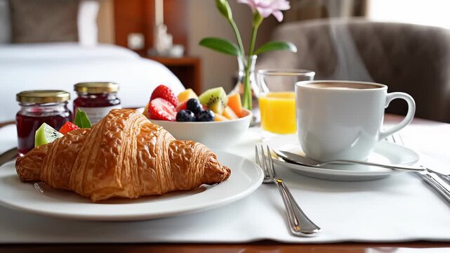 Delicious continental breakfast served in a hotel room with a fresh croissant and fruit. Steaming hot coffee cup and orange juice on the table. Luxury morning travel and hospitality concept