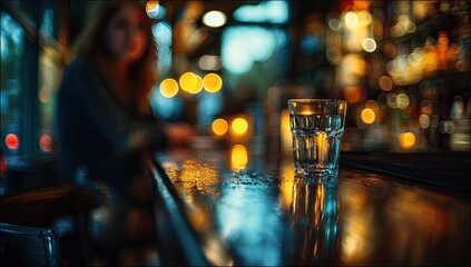 Glass of water on a bar, with blurred figure & bokeh lights. Reflective surface
