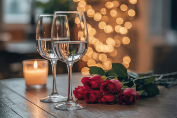 Valentine&rsquo;s Day cozy romantic table setting with roses and wine