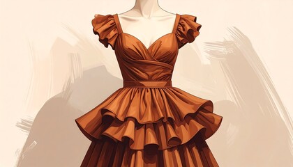 Orange dress with ruffles and a V-neck on a simple background, stylized in a smooth digital art style