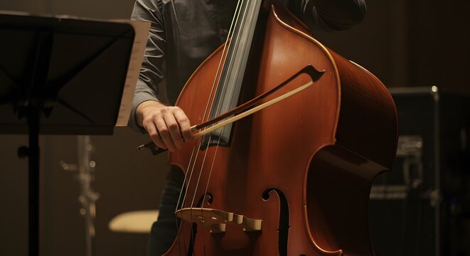 Musician Playing Double Bass During Live Performance with Dramatic Lighting