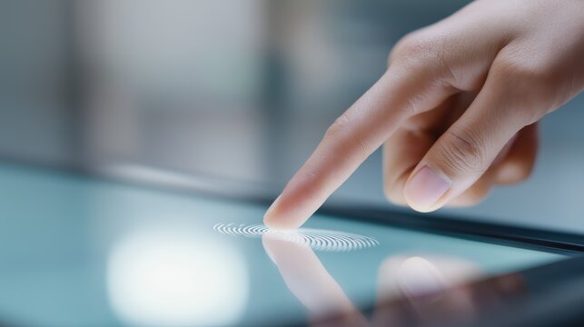 Hand touching digital tablet screen with modern interface display  