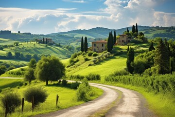 Obraz premium Green rolling hills, traditional farmhouses, and cypress trees creating a classic tuscany landscape