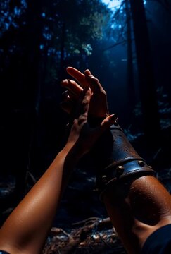 A hand gently holds a warrior&rsquo;s arm in a dark forest under moonlight, symbolizing protection, trust, and unity in a cinematic atmosphere