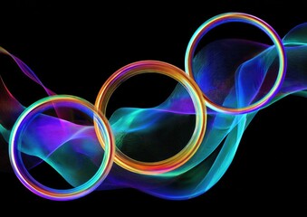 Three iridescent rings overlaying flowing, colorful abstract ribbons against a stark black background