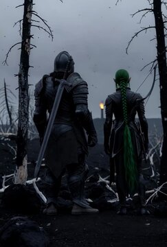 Armored warrior and elf with green hair in a dark burned forest, cinematic style, facing a distant flame, concept of fantasy adventure