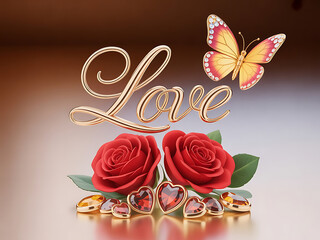 Romantic Still Life with Red Roses, Love Script & Butterfly and Elegant Valentine Art, Luxury Love Decoration Scene
