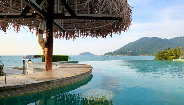 Infinity pool with swim-up bar overlooking ocean andIsland Ko Nang Yuan, Island Ko Tao, Surat Thani, Thailand, Southeast Asia.