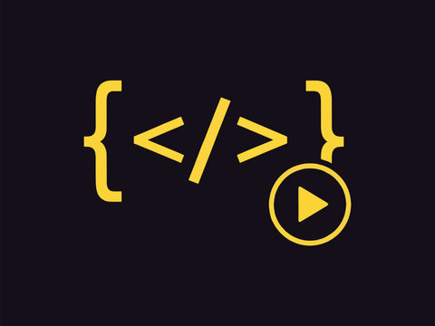 Modern Coding Play Button Icon - Yellow Vector Programming Symbols with Brackets and Play Icon for Software Development, Live Coding, and Tech Tutorial Interface