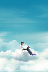 Minimalist composition with woman sitting on cloud with laptop. Concept of remote work, cloud technology, digital freedom, flexible lifestyle, and modern business solutions.