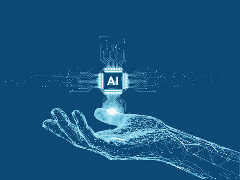 Futuristic AI Microchip Illustration - Low-poly Vector Hand Holding Glowing Processor with Circuit Lines for Machine Learning, Hardware Tech, and Digital Transformation Concepts