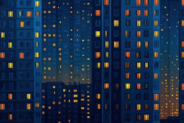 A nighttime city scene showcases illuminated windows on tall apartment buildings