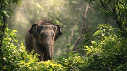 Fototapeta premium Young Elephant Calf in Serene Forest Surrounded by Lush Greenery
