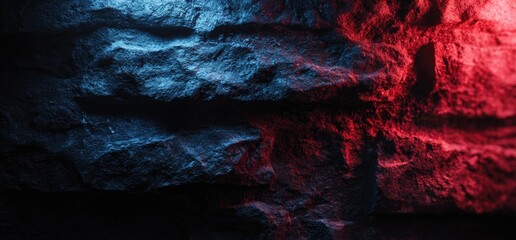 Close-up of rugged stone texture, illuminated by contrasting blue and red lighting, in dramatic shadows