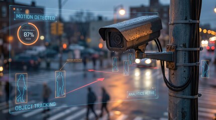 Surveillance camera monitoring urban street scene at dusk, displaying motion detection analytics and object tracking technology, illustrating advanced security systems in action