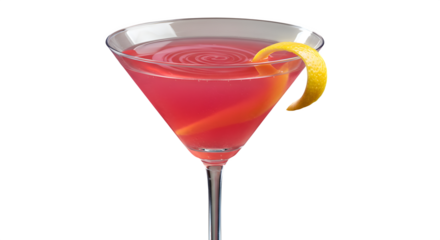 Pink drink glistens. Citrus garnish. Cocktail staging for alcohol promotions.