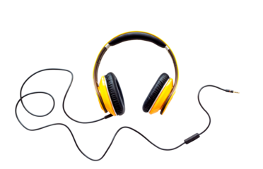 Headphones on white table workspace, top view. Isolated on transparent background, png