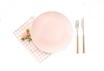 Empty plate, cutlery and napkin. Top view. Isolated on transparent background, png