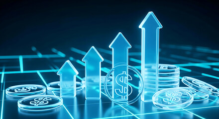 A glowing blue graphic depicting growing finances with arrows and coins on a digital grid background