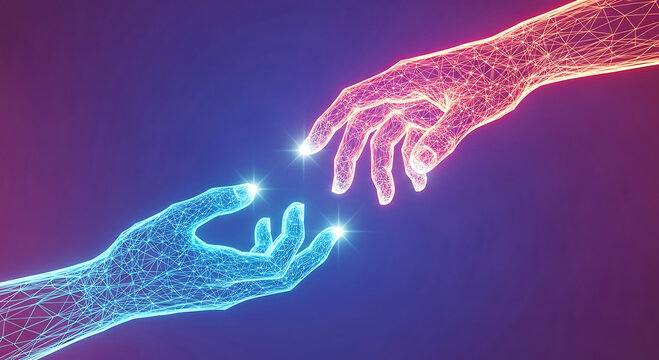 A glowing digital illustration of two hands reaching out to each other in a futuristic connection