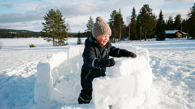 Young boy building a snow fort in a winter landscape. Child constructing an igloo with snow blocks outdoors. Traditional wooden cabin and pine forest in the background