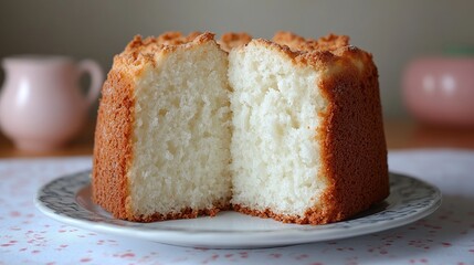 Golden Pound Cake Split in Two Halves on a White Plate with Fluffy Crumb