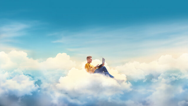 Digital artwork of man sitting on cloud with laptop. Concept of remote business management, online meetings, cloud documents, corporate collaboration tools, virtual office workflow. - Powered by Adobe