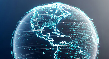 A futuristic digital globe with glowing blue lines and dots representing global connections and data