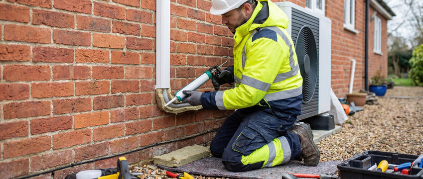 Worker applies sealant around heat pump piping on a brick home exterior, showing detailed work in residential energy retrofitting and insulation.
